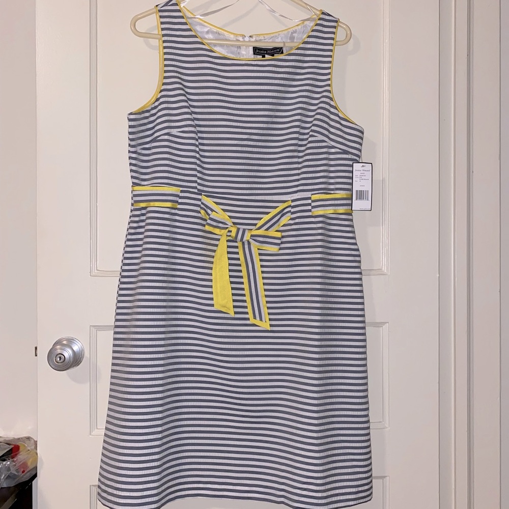 Sleeveless Summer Dress Striped gray&white with yellow contrast